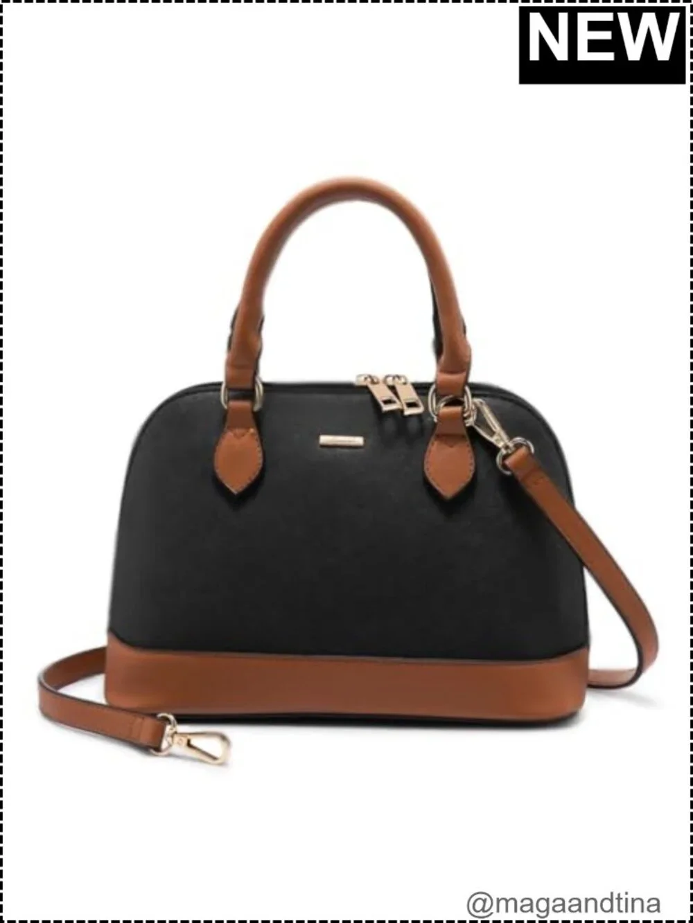 Vegan Leather Crossbody Dome Satchel with Double Zip, Adjustable Strap